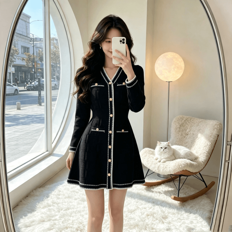 가을 겨울철 새로운 작은 샤넬 스타일 V넥 긴팔 허리 수축 니트 드레스 출퇴근 품격 외출용 스웨터 작은 검은 드레스 상세 이미지 6