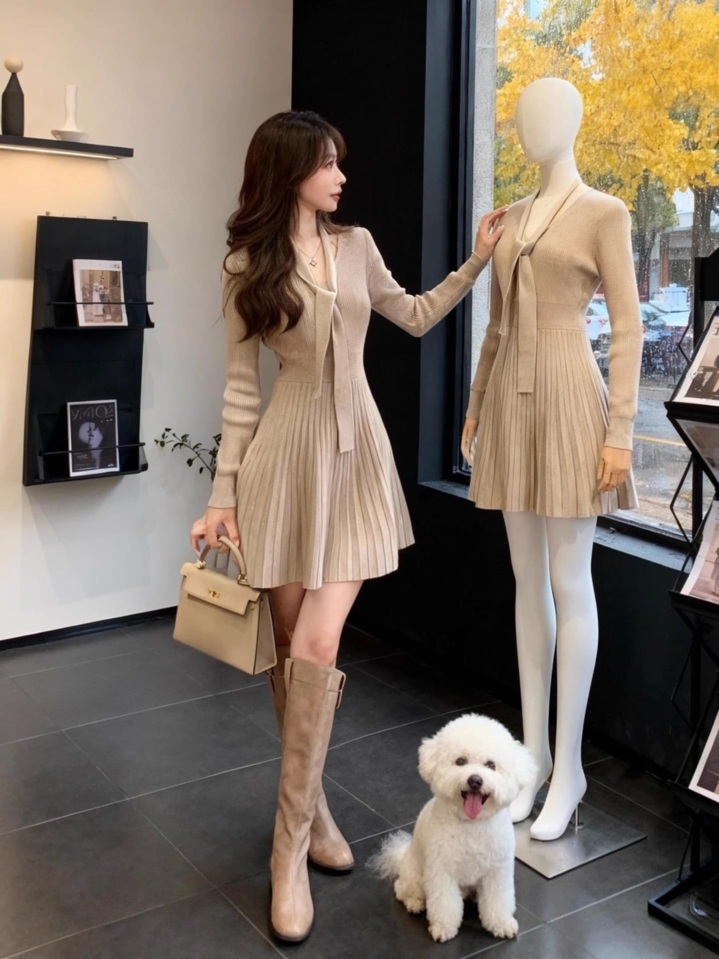 소녀 센스 레이스업 V넥 레이스업 니트 여성 드레스 2026 가을 겨울 몸매 가꾸기 허리 수축 천 골드 센스 품격 치마 상세 이미지 4