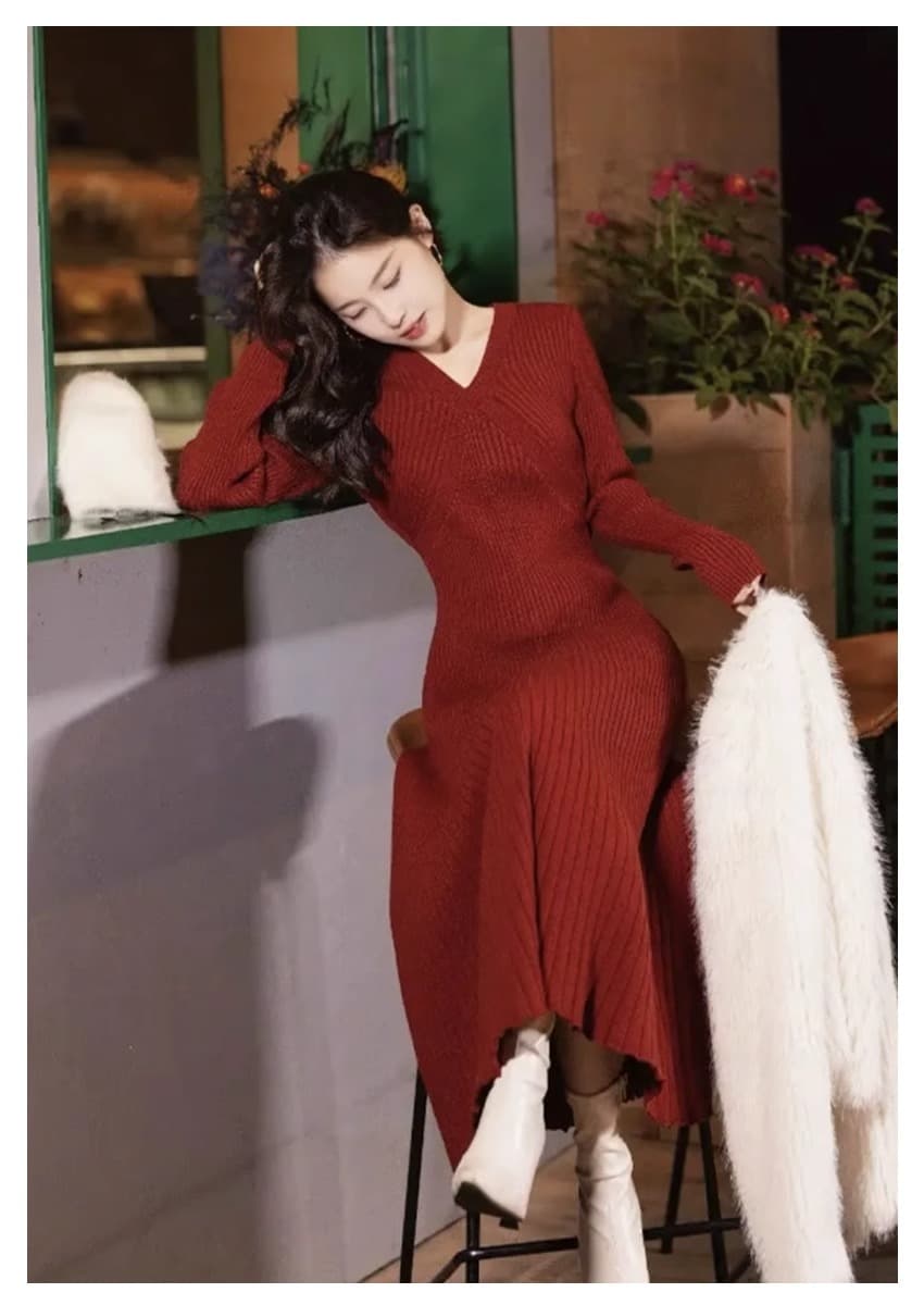 순수한 욕망 바람 스웨터 드레스 V넥 고급 센스 품격 가을 겨울 경기 코트 인사이드 가져 가라. 자랑 침묵 치마 빨간색 니트 드레스 상세 이미지 1