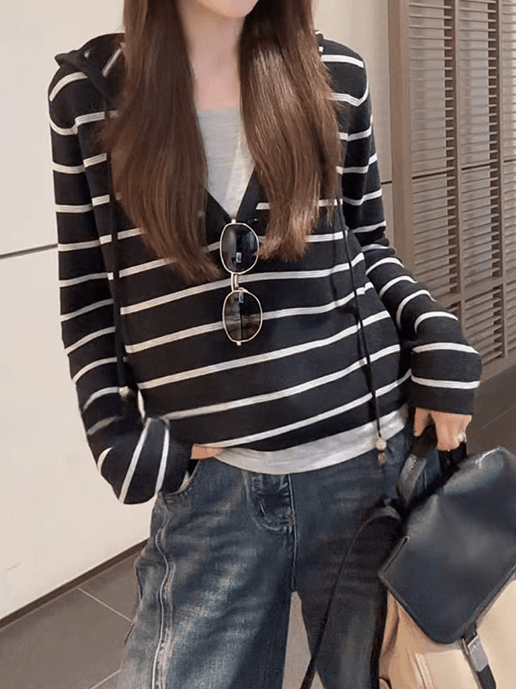 새로운 이른 가을 한 부서 작은 대중 루즈핏 캐주얼 여자 모자 셔츠 페이크 레이어드 후드 스트라이프 니트 스웨터 이미지 4
