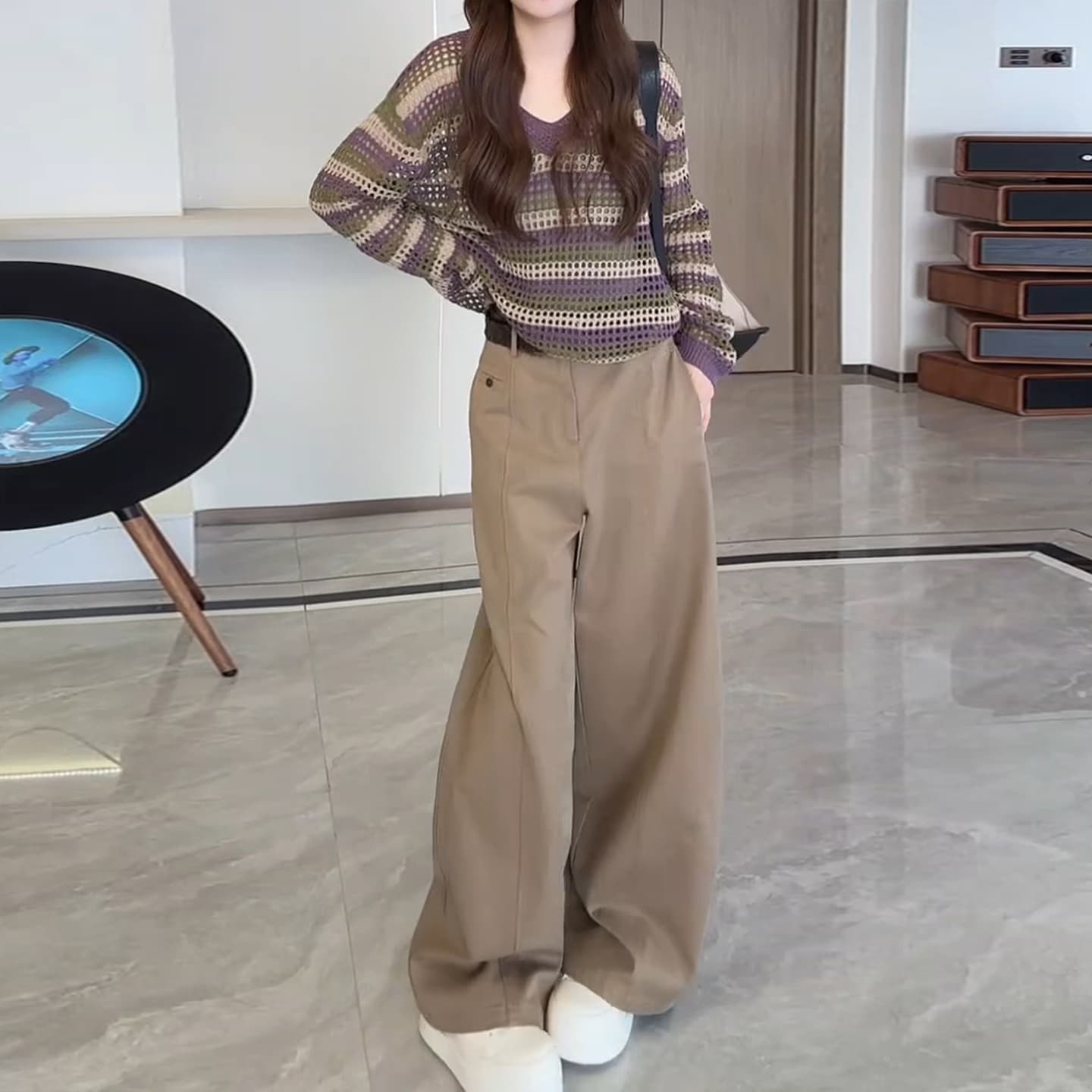 봄 가을 새로운 고급 센스 다용도 스트라이프 배색 니트 스웨터 와이드 레그 팬츠 투피스 세트 상세 이미지 6