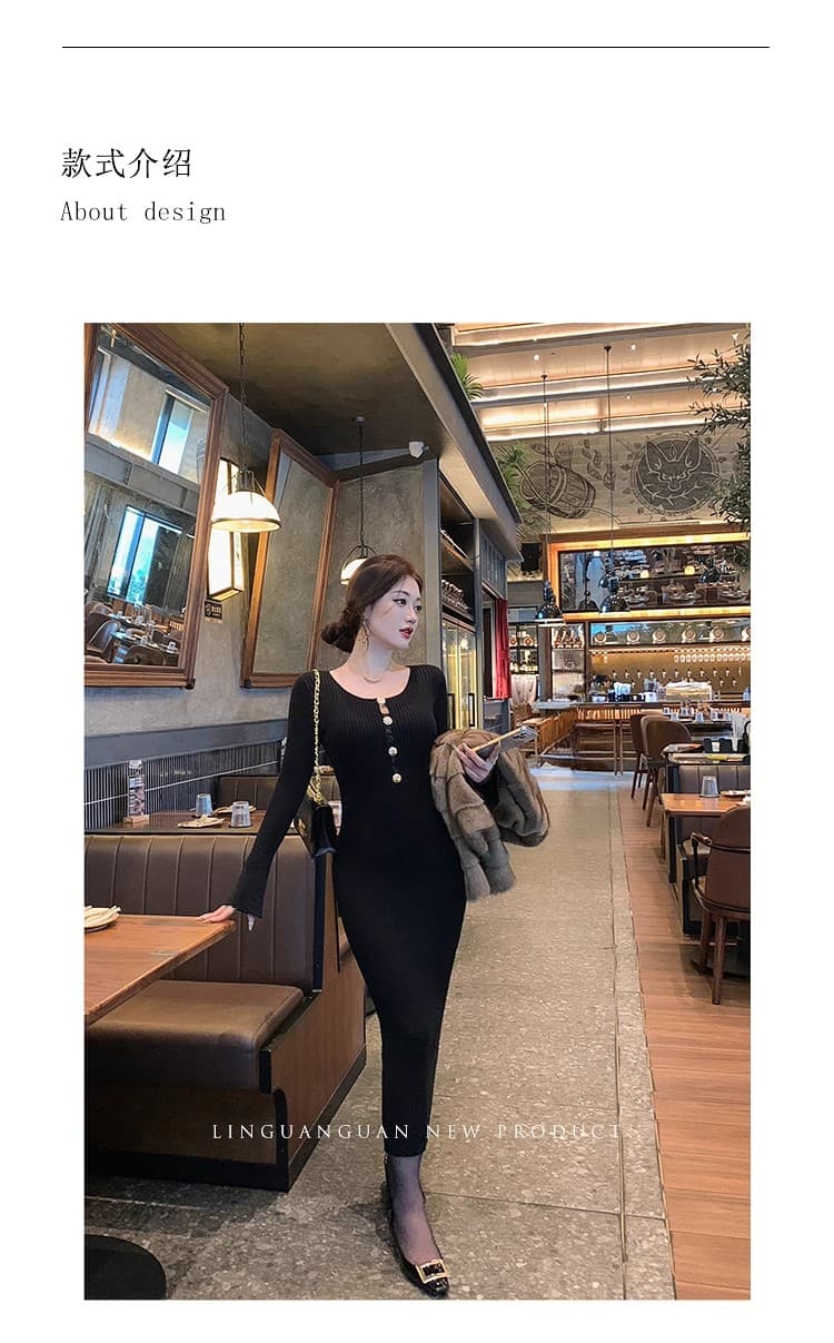 린 닫기 검정색 니트 드레스 겨울 프랑스식 사소한 품격 몸매 가꾸기 타이트 스커트 스웨터 인사이드 가져 가라. 기본 스커트 상세 이미지 9