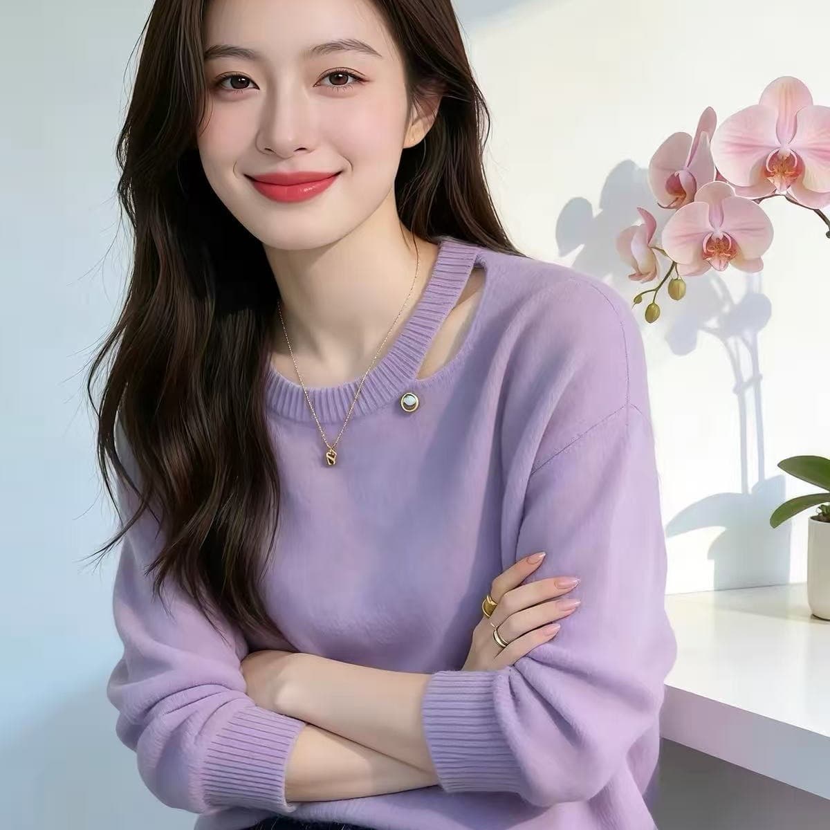 도파민 보라색 홀로우 아웃 풀오버 긴팔 스웨터 여자 가을 한 부서 분위기 센스 고유 한 아름다운 루즈핏 니트 스웨터 트렌디 이미지 5