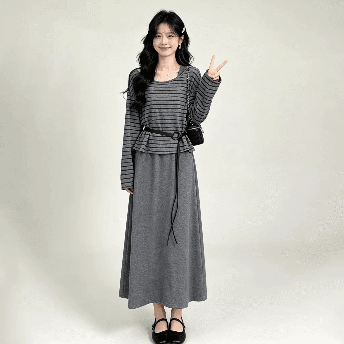 스트라이프 블라우스 조끼 원피스 두 조각 여성 세트 2026 가을 겨울철 새로운 허리 수축 슬림해 보이는 니트 롱 스커트 세트 이미지 5