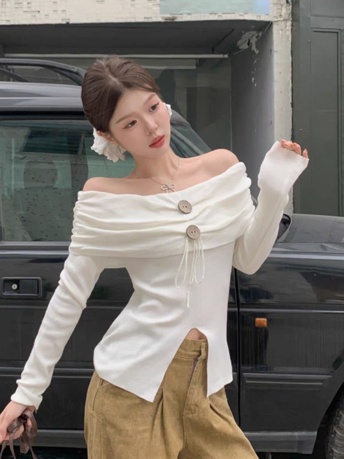 순수한 욕망 바람 섹시함 오프숄더 스트라이프 트임 만나는 작은 셔츠 여성 가을 겨울 인사이드 가져 가라. 디자인 센스 핫걸 쇼트 스타일 맨위 이미지 4