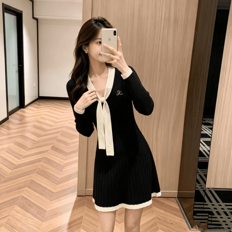 2026 년 가을 학원 천 골드 슬림해 보이는 품격 패션 몸매 가꾸기 프랑스식 우아함 부드러운 작은 대중 디자인 센스 드레스 이미지 4
