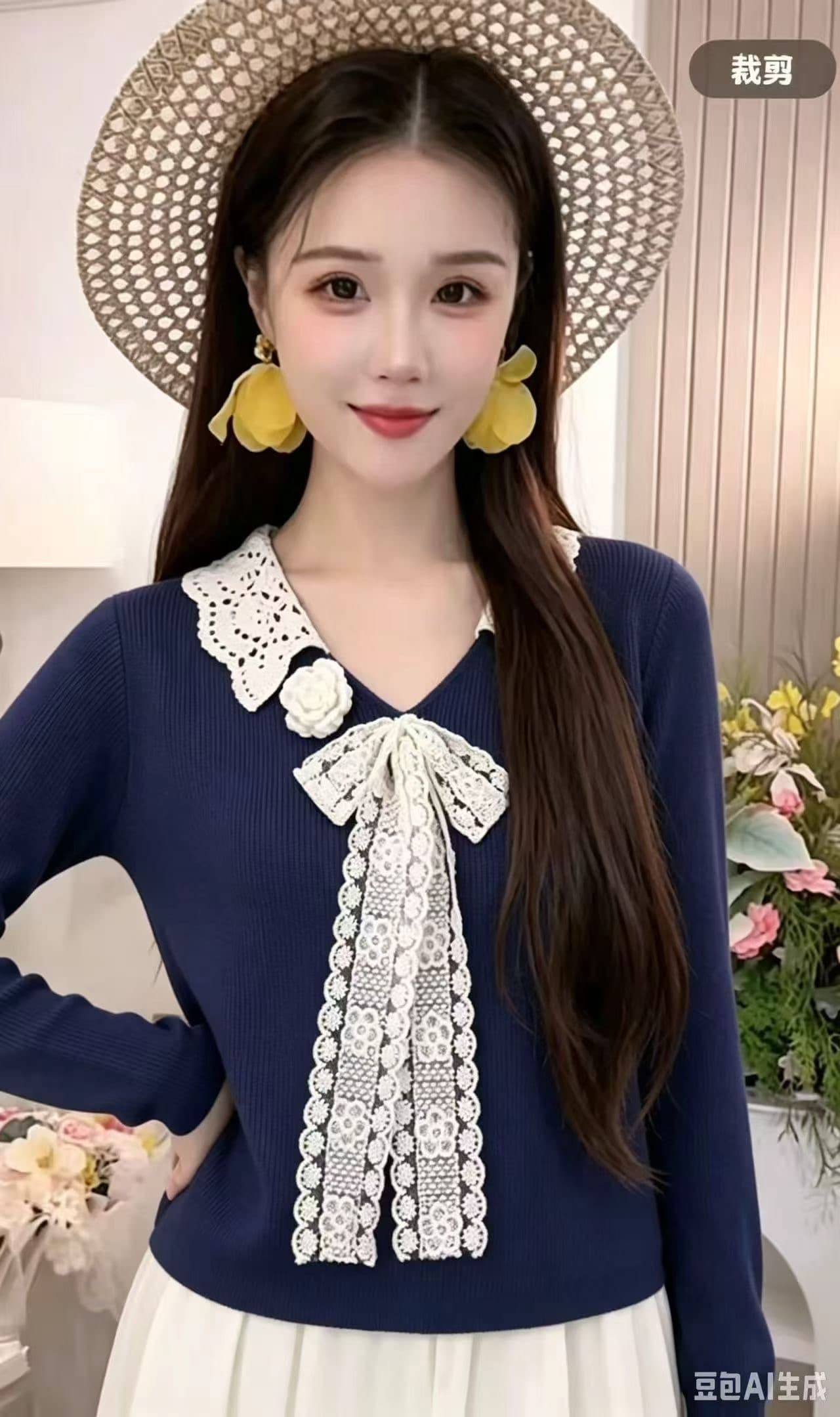 디자인 센스 2026 가을 새로운 레이스 조각 레이스업 긴팔 니트 스웨터 여성 프릴 몸매 가꾸기 슬림해 보이는 스웨터 상세 이미지 4