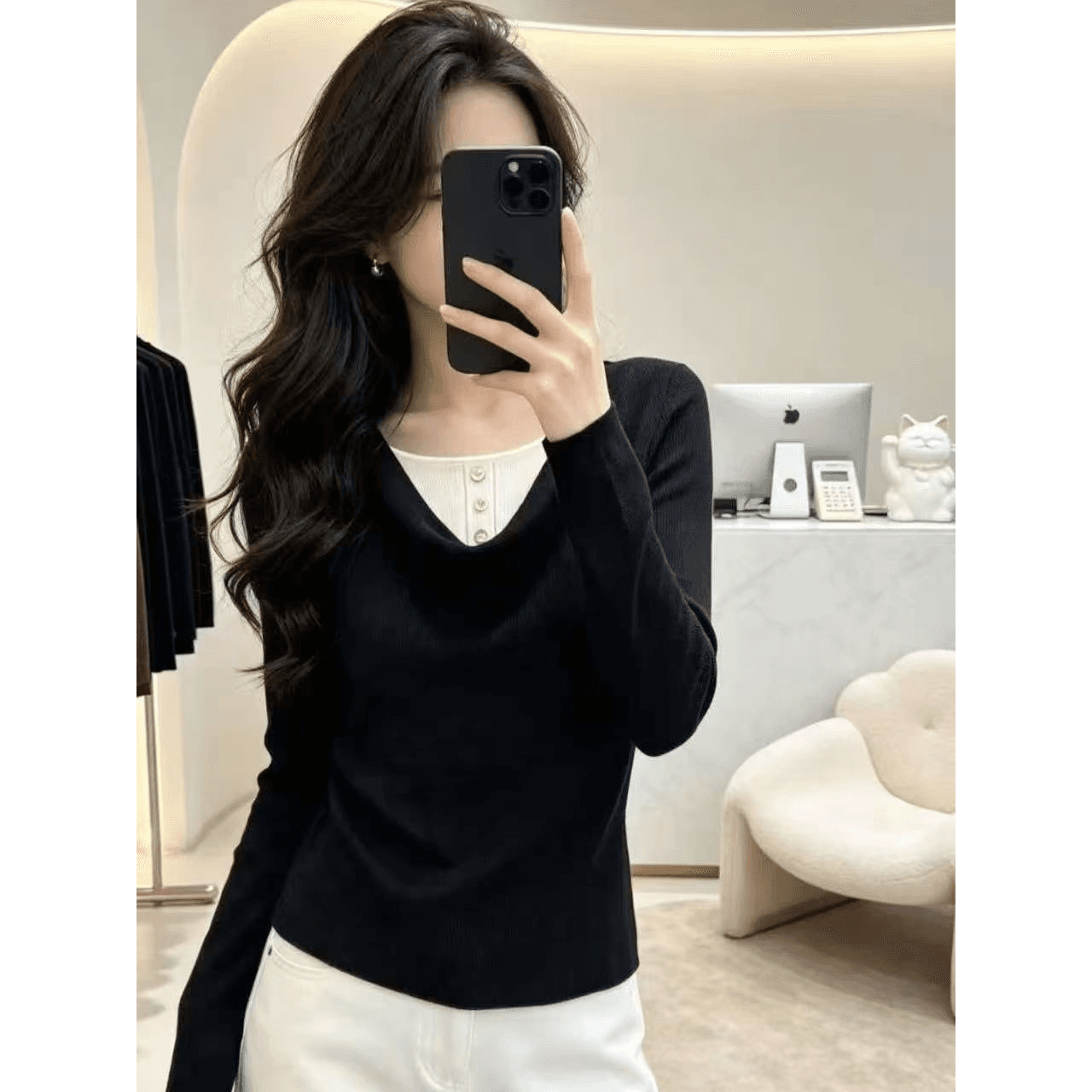 어두운 회색 페이크 레이어드 배색 니트 스웨터 여성 이른 가을 새로운 빛 요리 한 바람 긴팔 슬림해 보이는 고급 센스 예쁜 스웨터 이미지 4