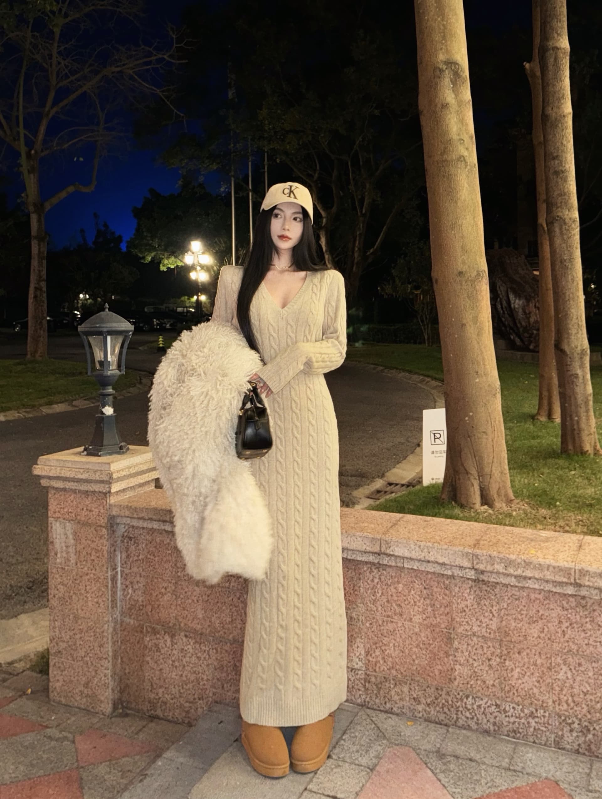 한국 품격 레트로 항구 바람 마 무늬 V넥 ol 타이트 스커트 슬림해 보이는 패션 스웨터 니트 여성 드레스 가을 겨울 상세 이미지 8