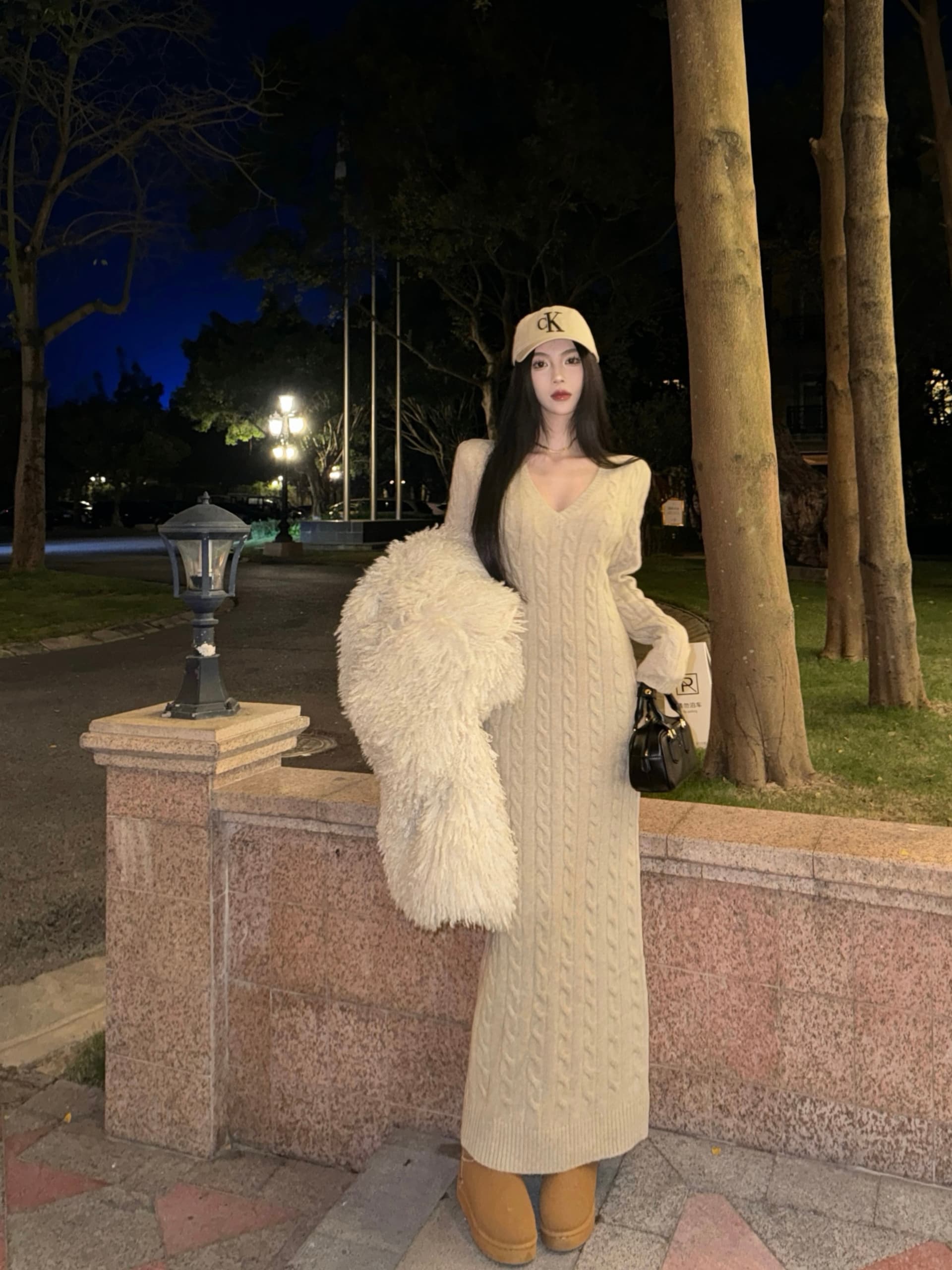 한국 품격 레트로 항구 바람 마 무늬 V넥 ol 타이트 스커트 슬림해 보이는 패션 스웨터 니트 여성 드레스 가을 겨울 상세 이미지 13