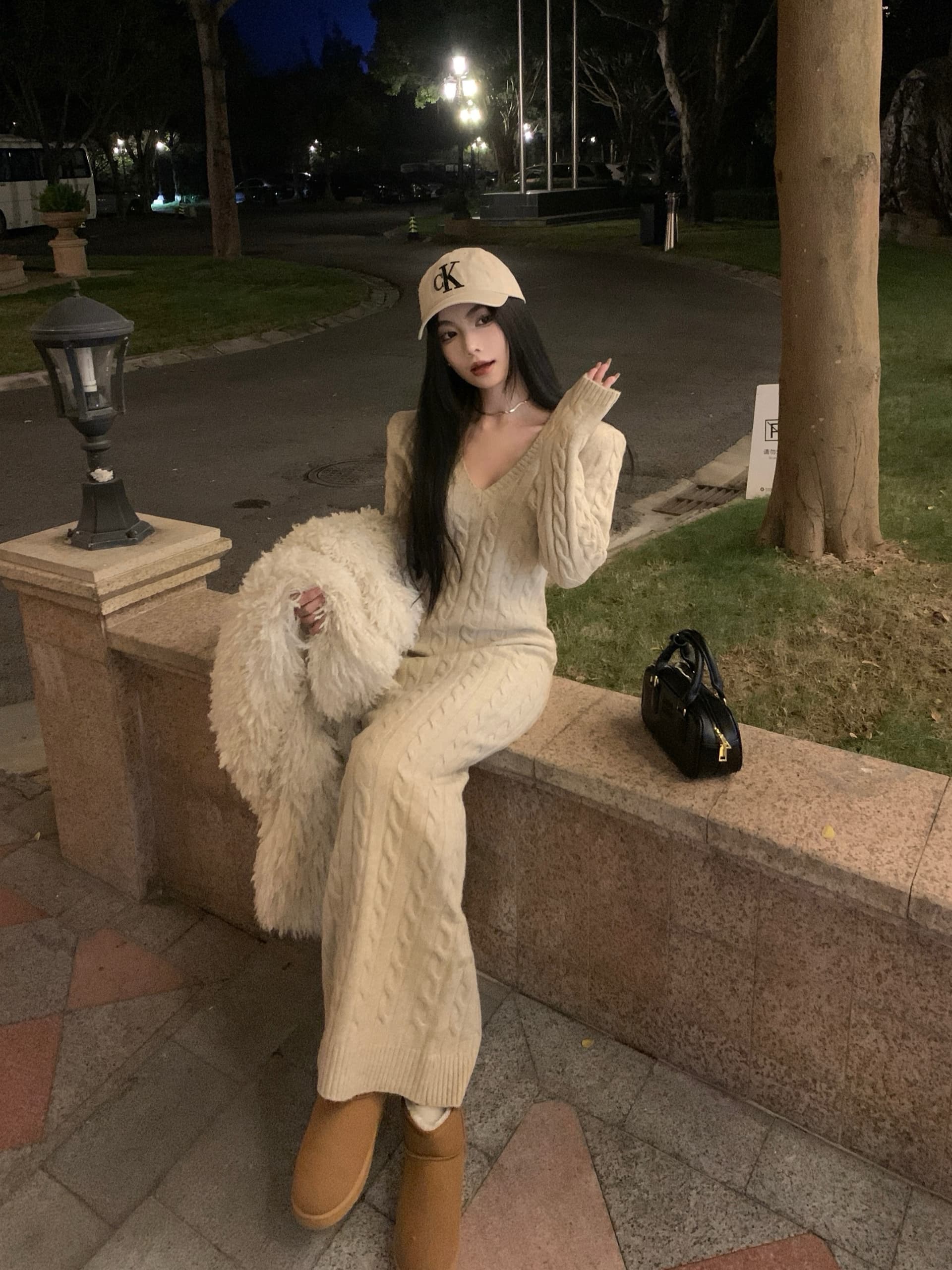 한국 품격 레트로 항구 바람 마 무늬 V넥 ol 타이트 스커트 슬림해 보이는 패션 스웨터 니트 여성 드레스 가을 겨울 상세 이미지 14