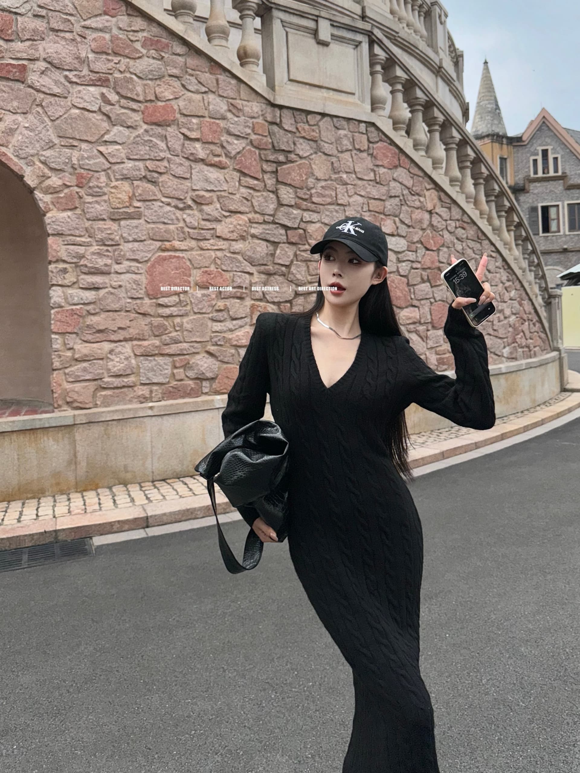 한국 품격 레트로 항구 바람 마 무늬 V넥 ol 타이트 스커트 슬림해 보이는 패션 스웨터 니트 여성 드레스 가을 겨울 상세 이미지 24