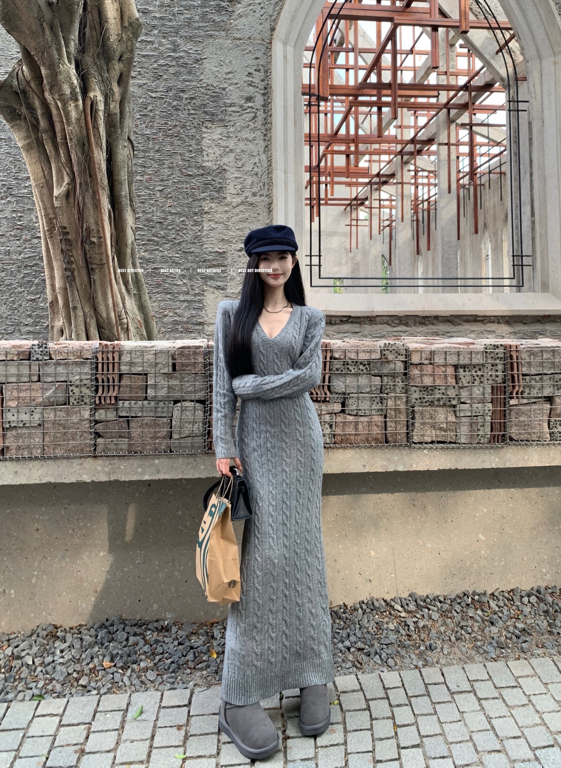 한국 품격 레트로 항구 바람 마 무늬 V넥 ol 타이트 스커트 슬림해 보이는 패션 스웨터 니트 여성 드레스 가을 겨울 상세 이미지 30