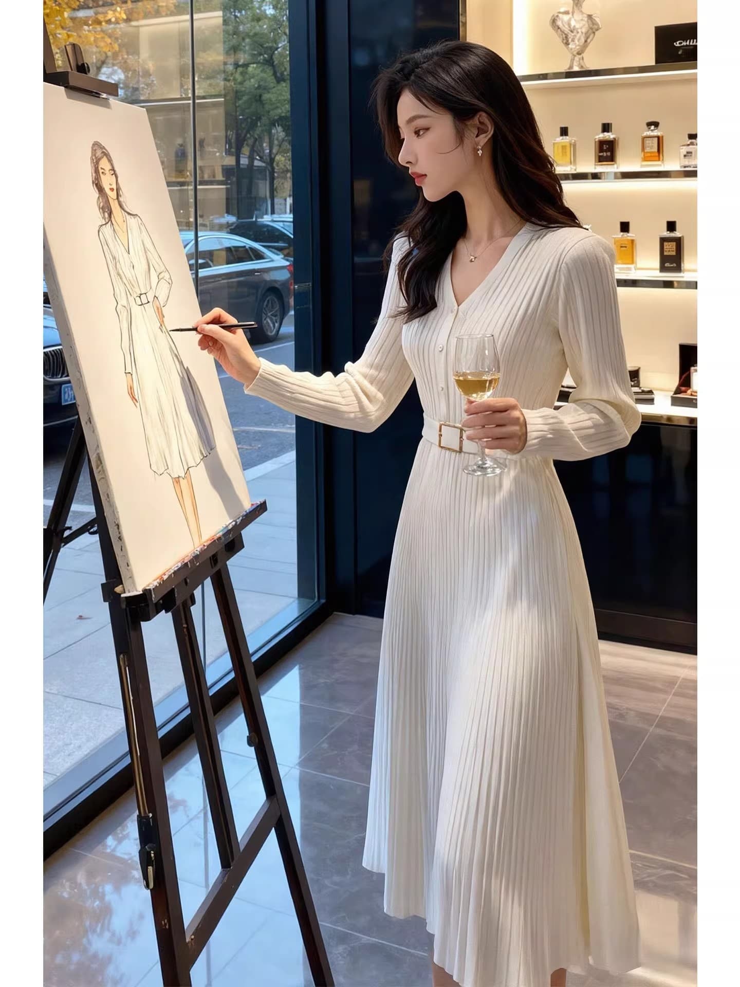 한국 2026 년 새로운 정식 경우 출퇴근 품격 여신 팬 V넥 니트 스웨터 드레스 요정 치마 상세 이미지 8