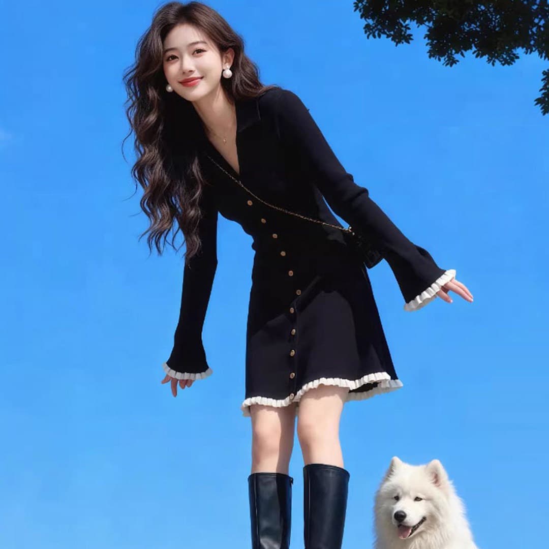 한국 작은 키 허리 수축 슬림해 보이는 니트 여성 드레스 가을 겨울 슈퍼 잘 생긴 품격 인사이드 가져 가라. 예쁜 스웨터 미니 스커트 이미지 4