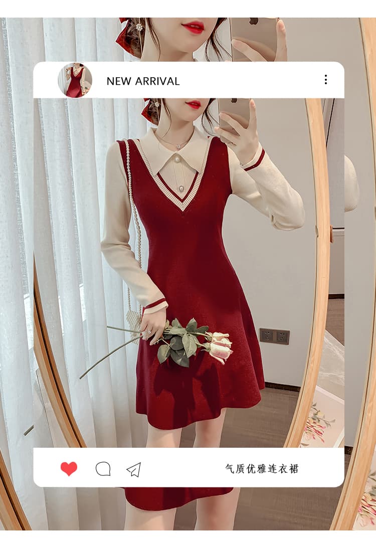 한국 품격 부드러운 항구 바람 polo 베이비 칼라 배색 패치워크 니트 스웨터 드레스 경기 코트 기본 스커트 상세 이미지 15