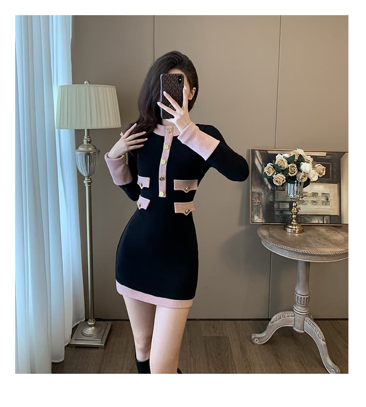 한국 부유 한 가족 천 골드 홍콩 스타일 그는 벤 바람 작은 검은 드레스 작은 키 로얄 자매 바람 작은 샤넬 스타일 니트 스웨터 드레스 상세 이미지 4