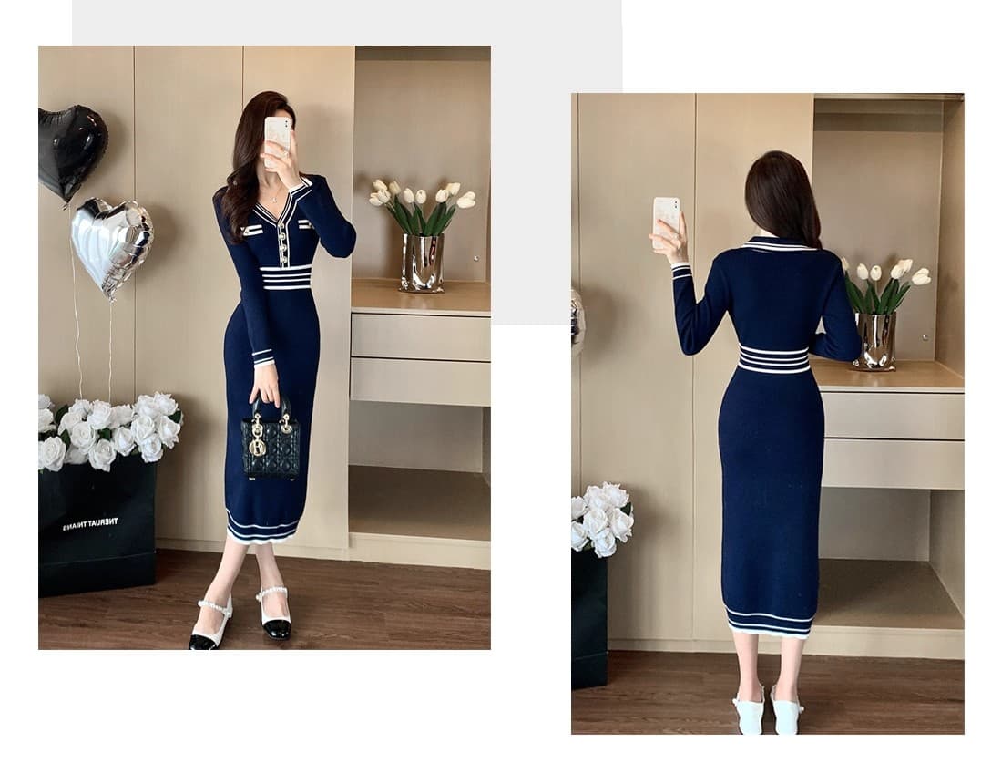 2026 년 가을 겨울철 여성 의류 새로운 작은 샤넬 스타일 POLO 칼라 긴팔 니트 드레스 몸매 가꾸기 타이트 스커트 무릎 아래 치마 상세 이미지 3