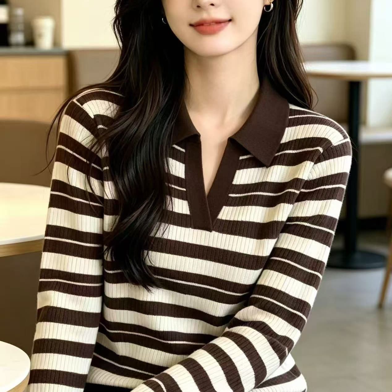 프랑스식 레트로 스트라이프 배색 칼라 긴팔 맨위 여성 의류 이른 가을 새로운 몸매 가꾸기 슬림해 보이는 니트 기본 셔츠 이미지 5