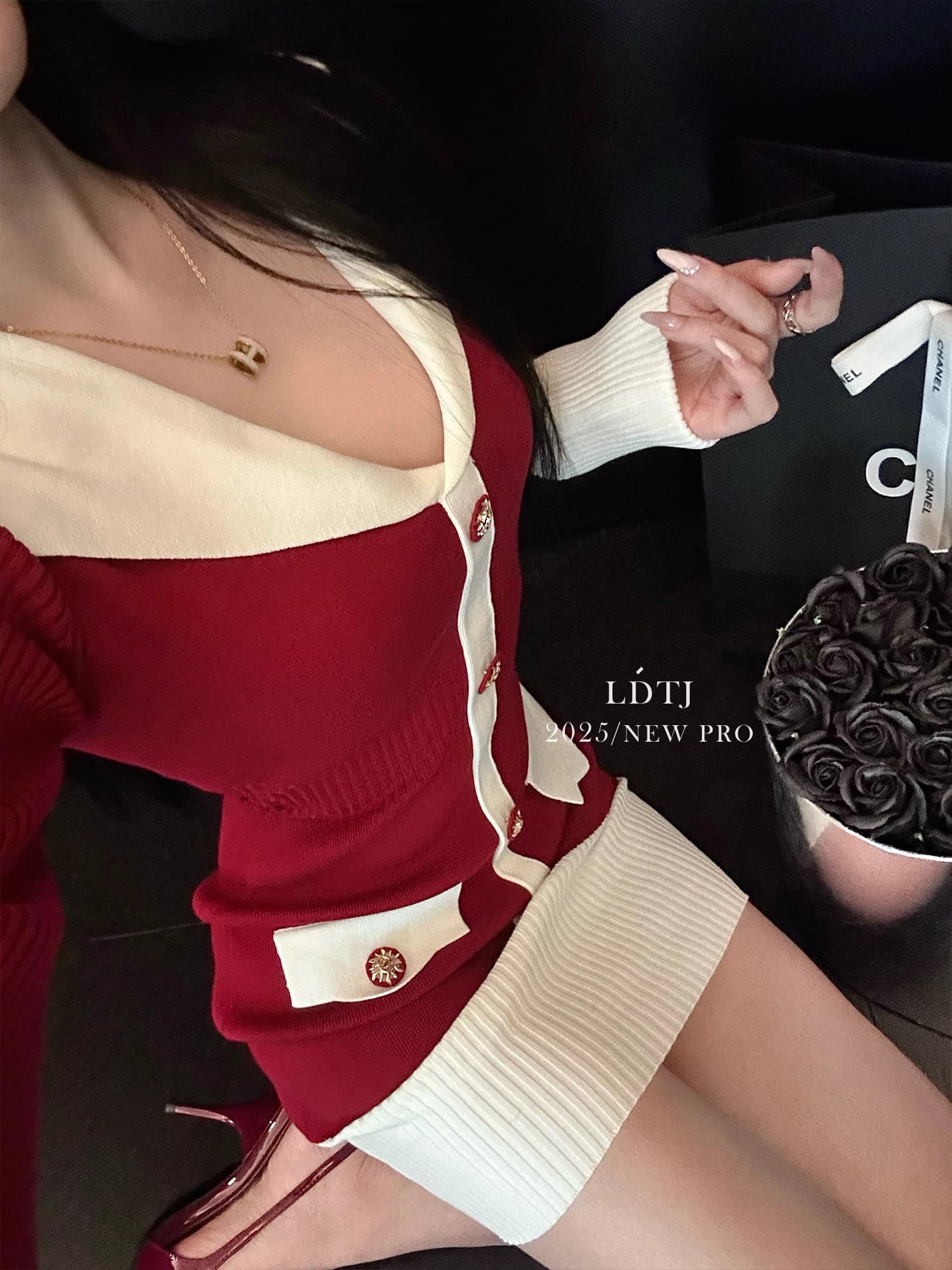 ldtj 높음 세트 흑인과 백인 콘체르토 가을 명문 여성 품격 배색 V넥 몸매 가꾸기 긴팔 니트 여성 드레스 상세 이미지 23