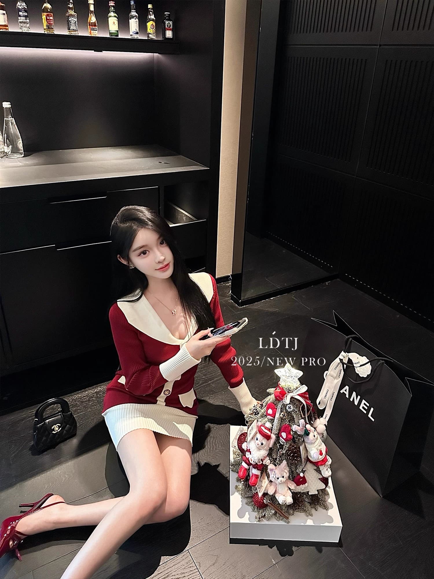 ldtj 높음 세트 흑인과 백인 콘체르토 가을 명문 여성 품격 배색 V넥 몸매 가꾸기 긴팔 니트 여성 드레스 상세 이미지 32