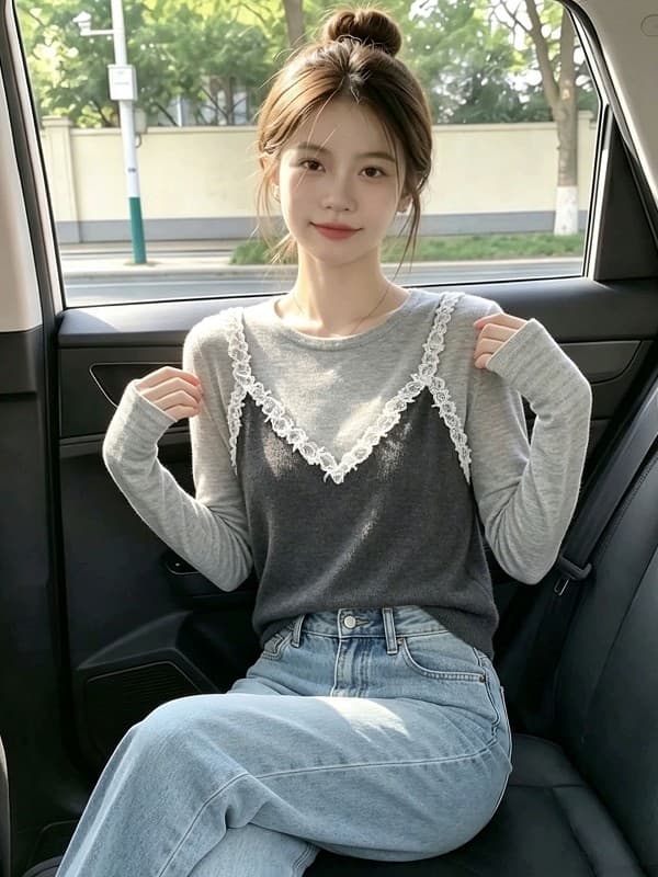 한 부서 품격 배색 페이크 레이어드 레이스 긴팔 티셔츠 2026 가을 새로운 슬림해 보이는 니트 스웨터 맨위 여성 의류 이미지 2
