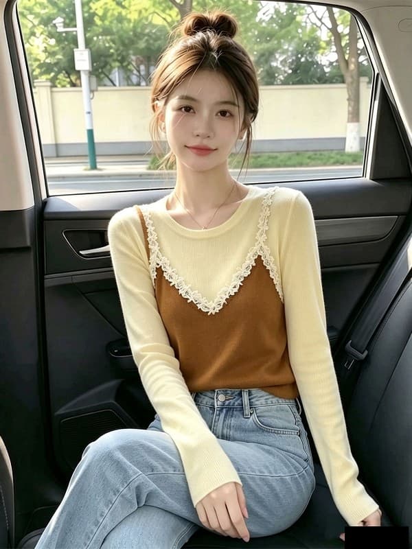 한 부서 품격 배색 페이크 레이어드 레이스 긴팔 티셔츠 2026 가을 새로운 슬림해 보이는 니트 스웨터 맨위 여성 의류 이미지 4