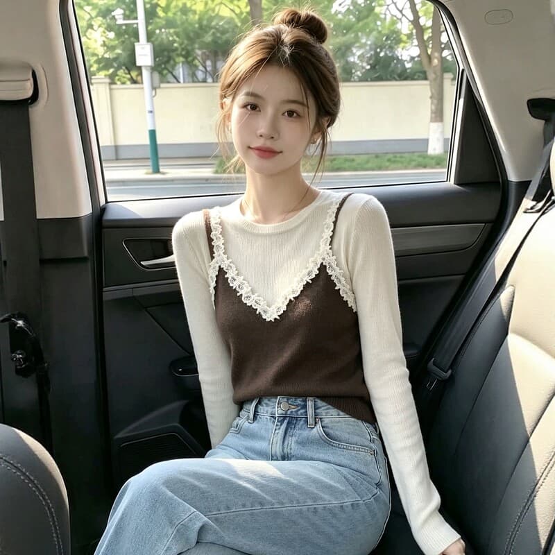 한 부서 품격 배색 페이크 레이어드 레이스 긴팔 티셔츠 2026 가을 새로운 슬림해 보이는 니트 스웨터 맨위 여성 의류 상세 이미지 11