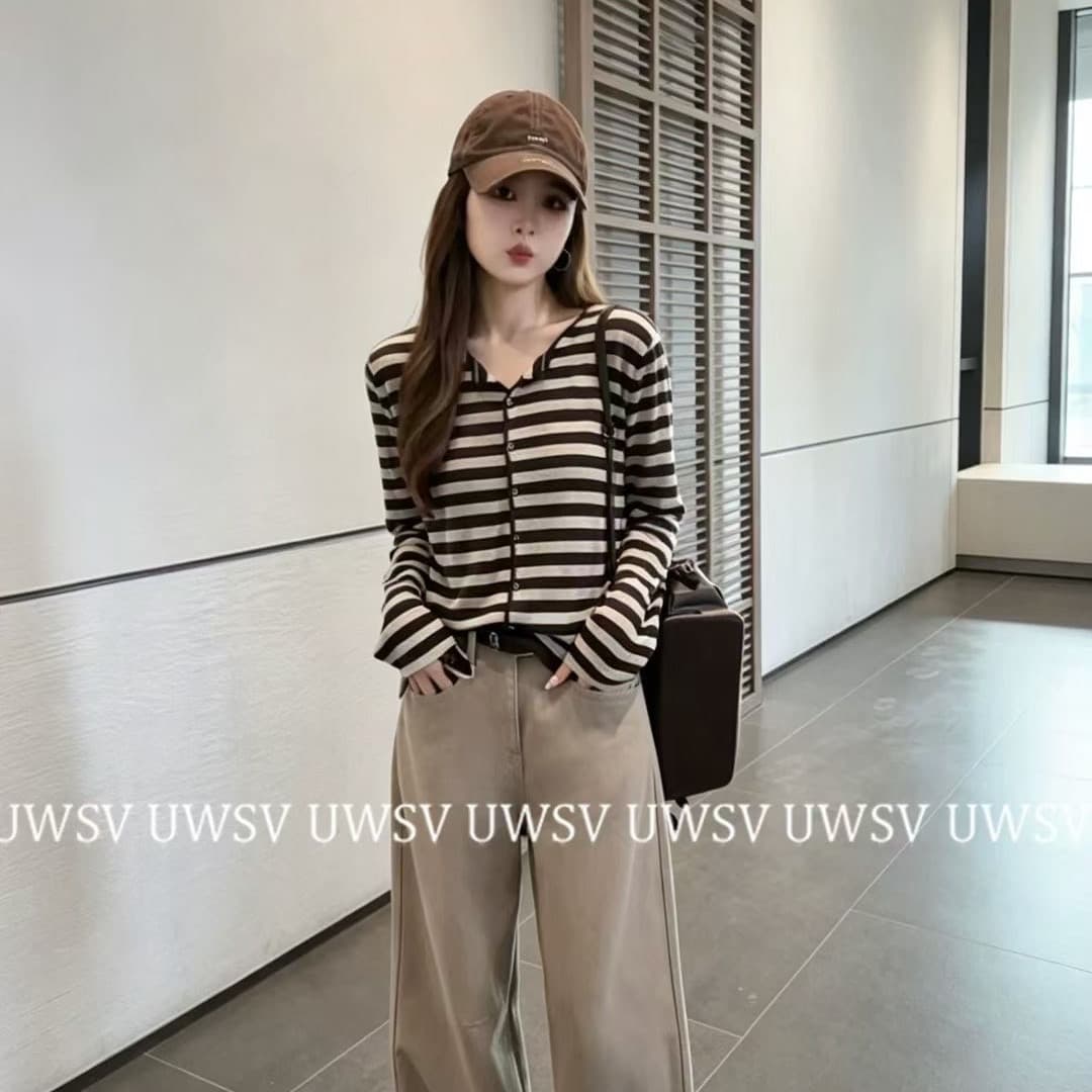 Annan uwsv 새로운 레트로 패션 디스플레이 얇고 작은 표준 스트라이프 오픈 가디건 스웨터 코트 이미지 5