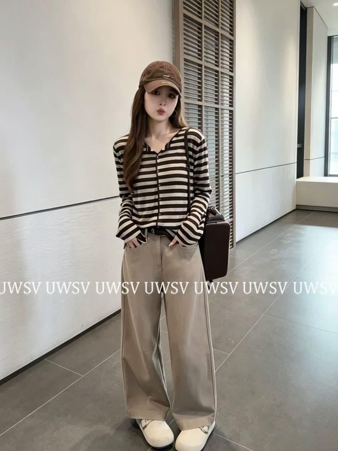 Annan uwsv 새로운 레트로 패션 디스플레이 얇고 작은 표준 스트라이프 오픈 가디건 스웨터 코트 상세 이미지 5