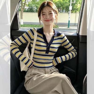 레트로 배색 스트라이프 니트 기본 셔츠 여성 인사이드 가져 가라. 디자인 센스 가을 겨울철 몸매 가꾸기 긴팔 긍정적 인 어깨 스웨터 맨위 상세 이미지 2