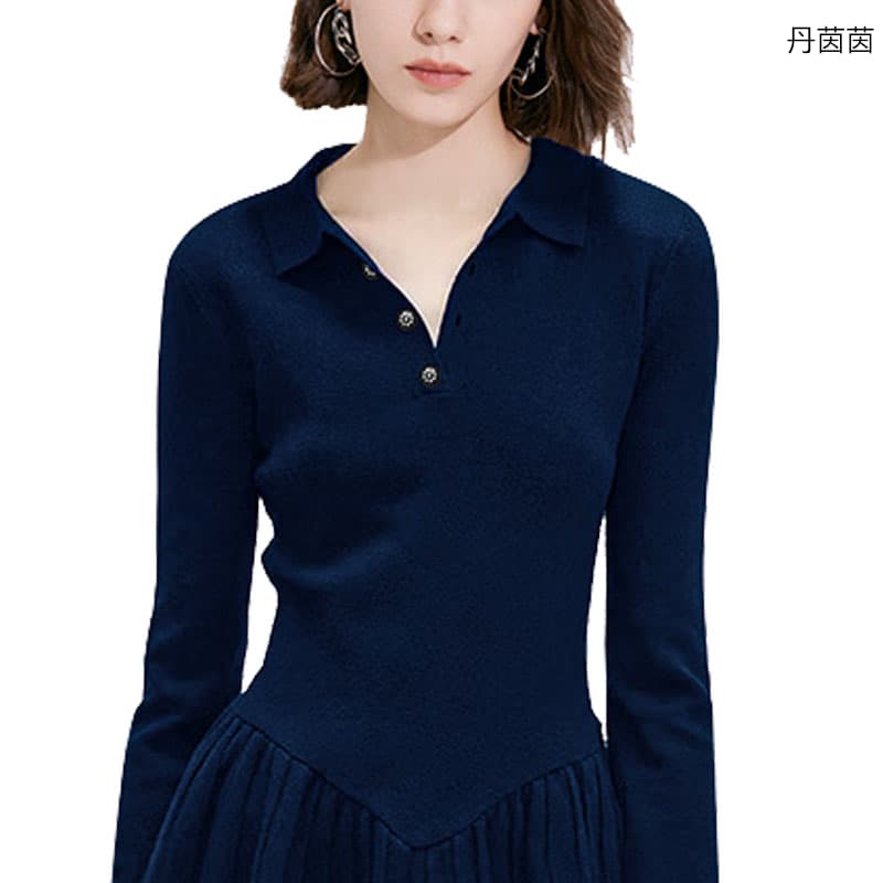유럽 역 품격 명문 여성 홍콩 스타일 레트로 숙녀 작은 샤넬 스타일 polo 폴로 칼라 니트 스웨터 드레스 플리츠 스커트 이미지 3