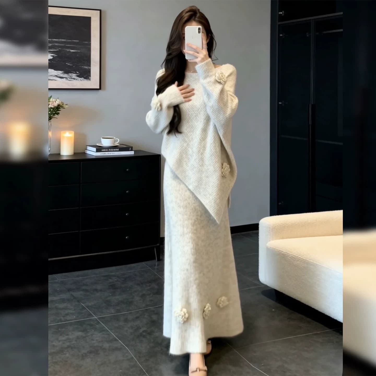 한 부서 부드러운 바람 패션 니트 반신 치마 세트 여성 가을 겨울철 루즈핏 슬림해 보이는 품격 스웨터 세트 치마 상세 이미지 4