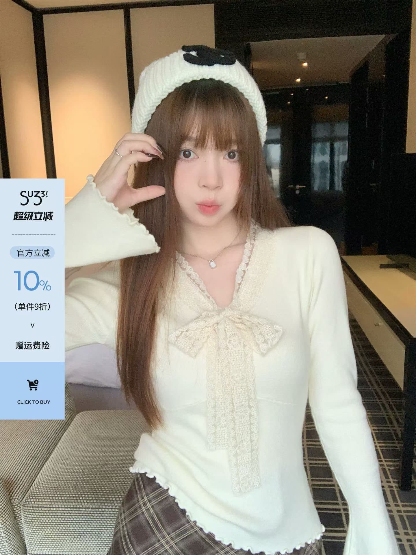 V넥 패치워크 레이스 나비 매듭 긴팔 티셔츠 여성 인사이드 가져 가라. 몸매 가꾸기 맨위 상세 이미지 6