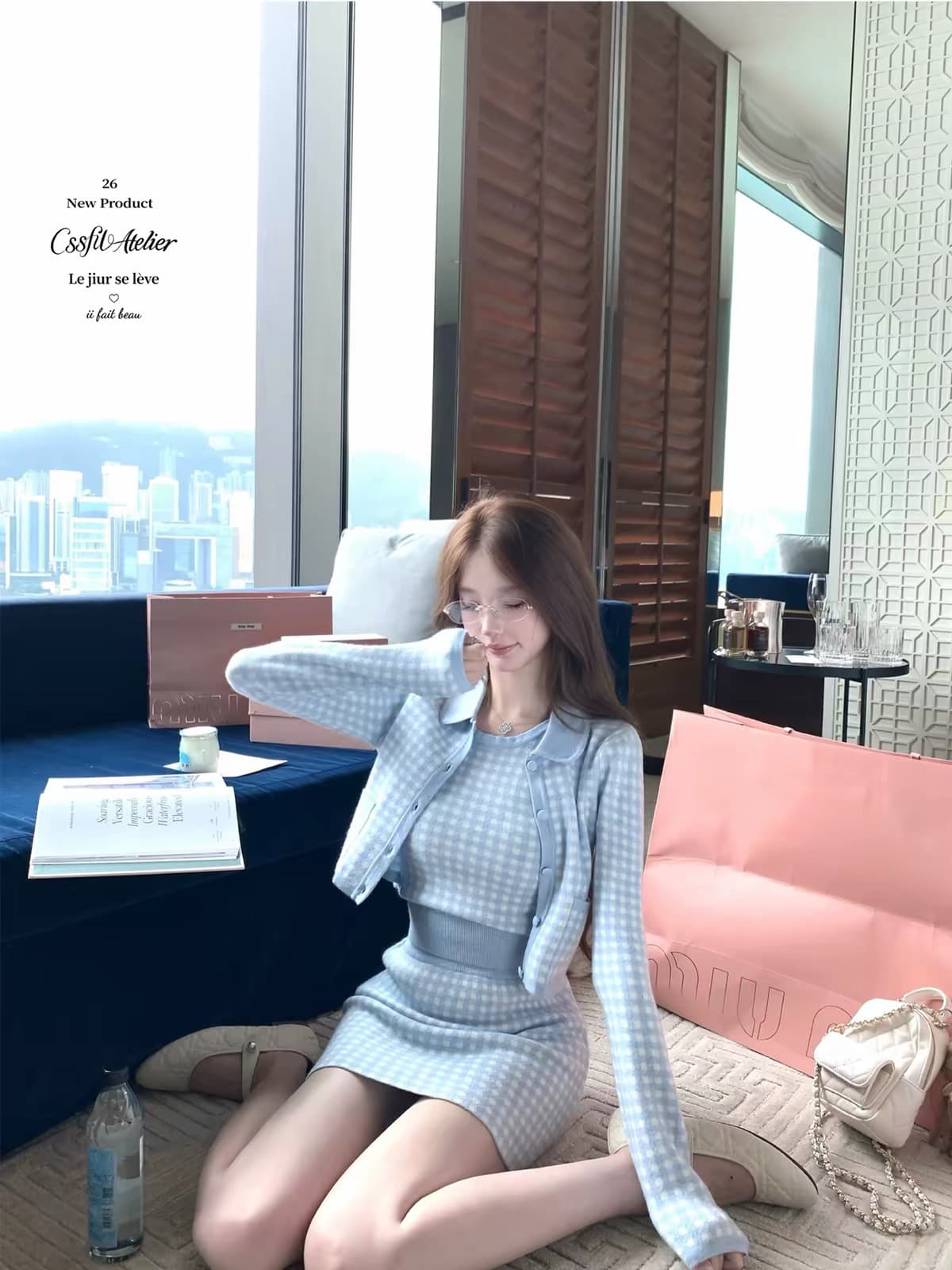 늦게 우산 우산 26ss 바다 소금 향기로운 노래 주간 실크 양 털이 푸른 그리드 분말 그리드 오픈 가디건 조끼 반 스커트 3종 세트 그룹 상세 이미지 8