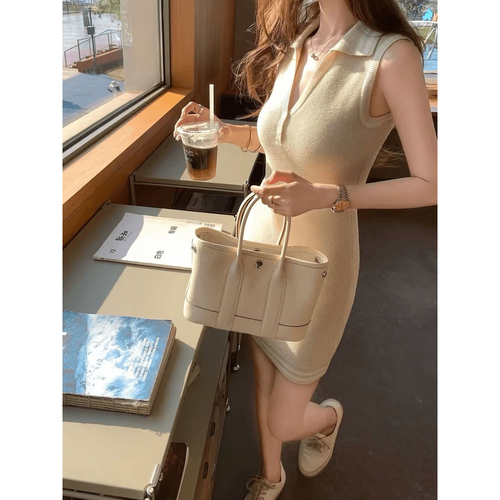 느긋한 약화 된 양모 몸매 가꾸기 치마 모직물 오픈 가디건 세트 이미지 5