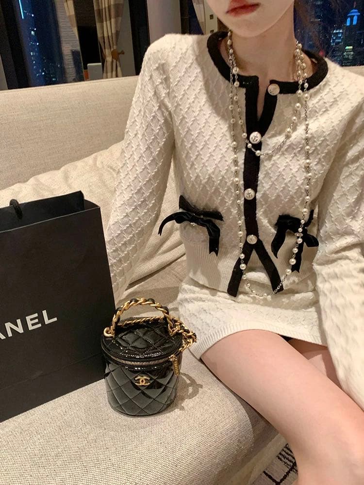 coolline 숲 희 그녀는 매우 아름다운 클래식 흑인과 백인 니트 세트 드레스 품격 천 골드 링 그리드 세트 이미지 2