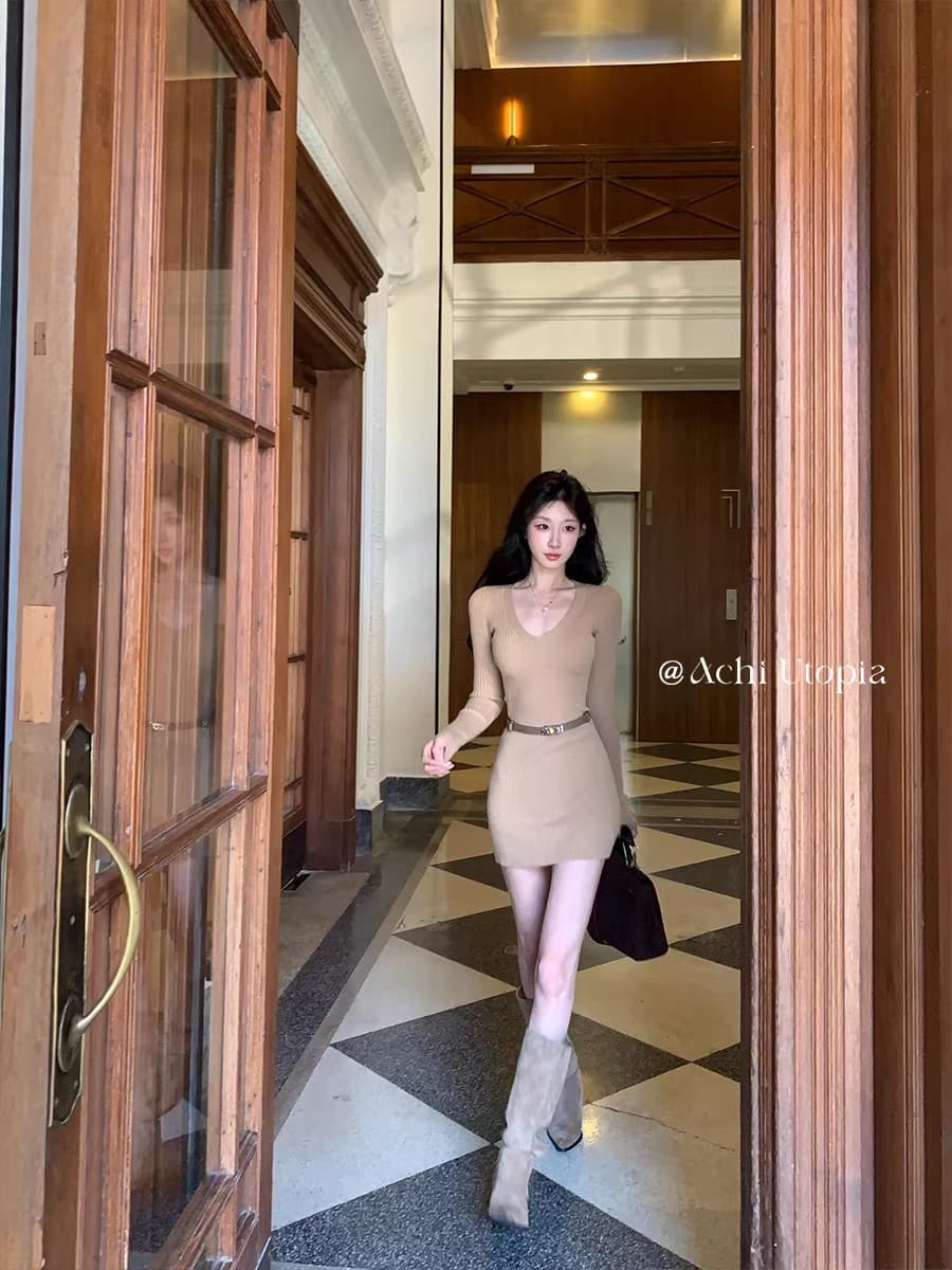 achi 대 또한 수영장 화이트 V넥 허리 수축 슬림해 보이는 니트 여성 드레스 품격 몸매 가꾸기 미니 스커트 만나는 타이트 스커트 상세 이미지 9