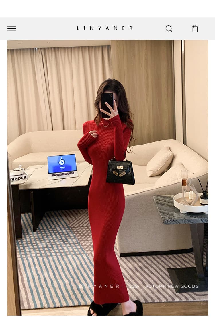 린 妍 어린이 빨간색 니트 여성 드레스 가을 겨울 새로운 만나는 몸매 가꾸기 타이트 스커트 품격 반하이넥 스웨터 롱 스커트 상세 이미지 1