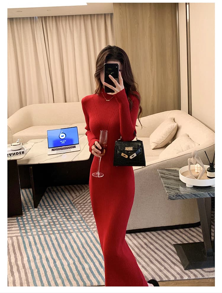 린 妍 어린이 빨간색 니트 여성 드레스 가을 겨울 새로운 만나는 몸매 가꾸기 타이트 스커트 품격 반하이넥 스웨터 롱 스커트 상세 이미지 2