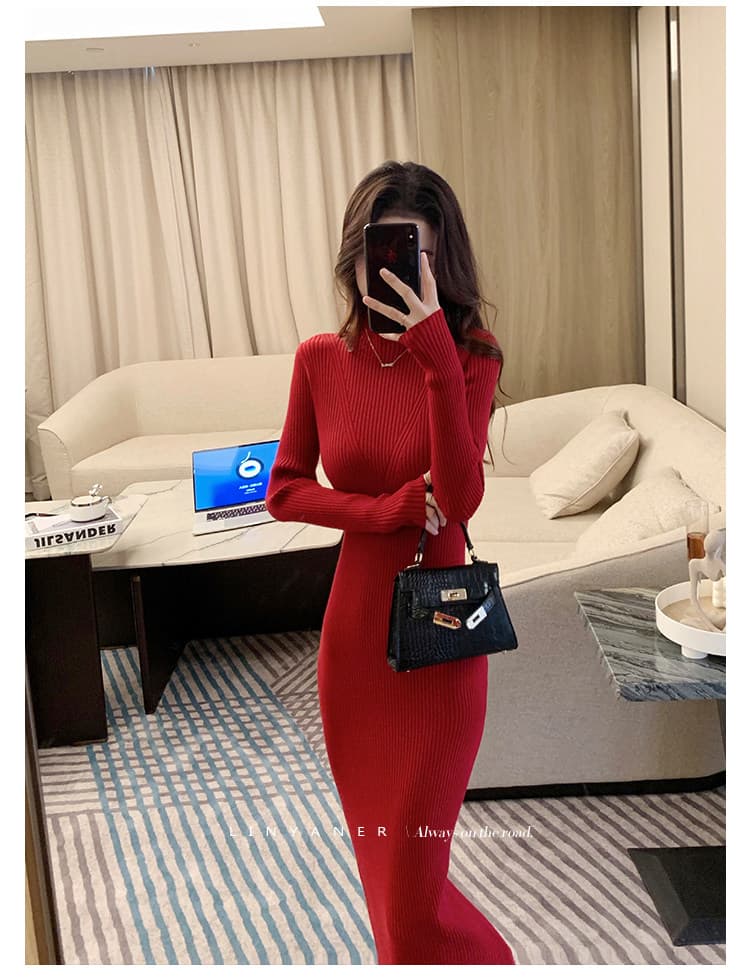 린 妍 어린이 빨간색 니트 여성 드레스 가을 겨울 새로운 만나는 몸매 가꾸기 타이트 스커트 품격 반하이넥 스웨터 롱 스커트 상세 이미지 7