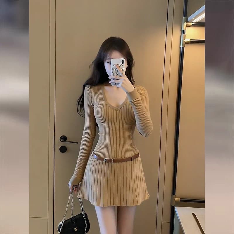 2026 이른 가을 새로운 프랑스식 카키 색 니트 허리 수축 여성 드레스 레트로 빛 요리 한 바람 몸매 가꾸기 만나는 미니 스커트 이미지 5