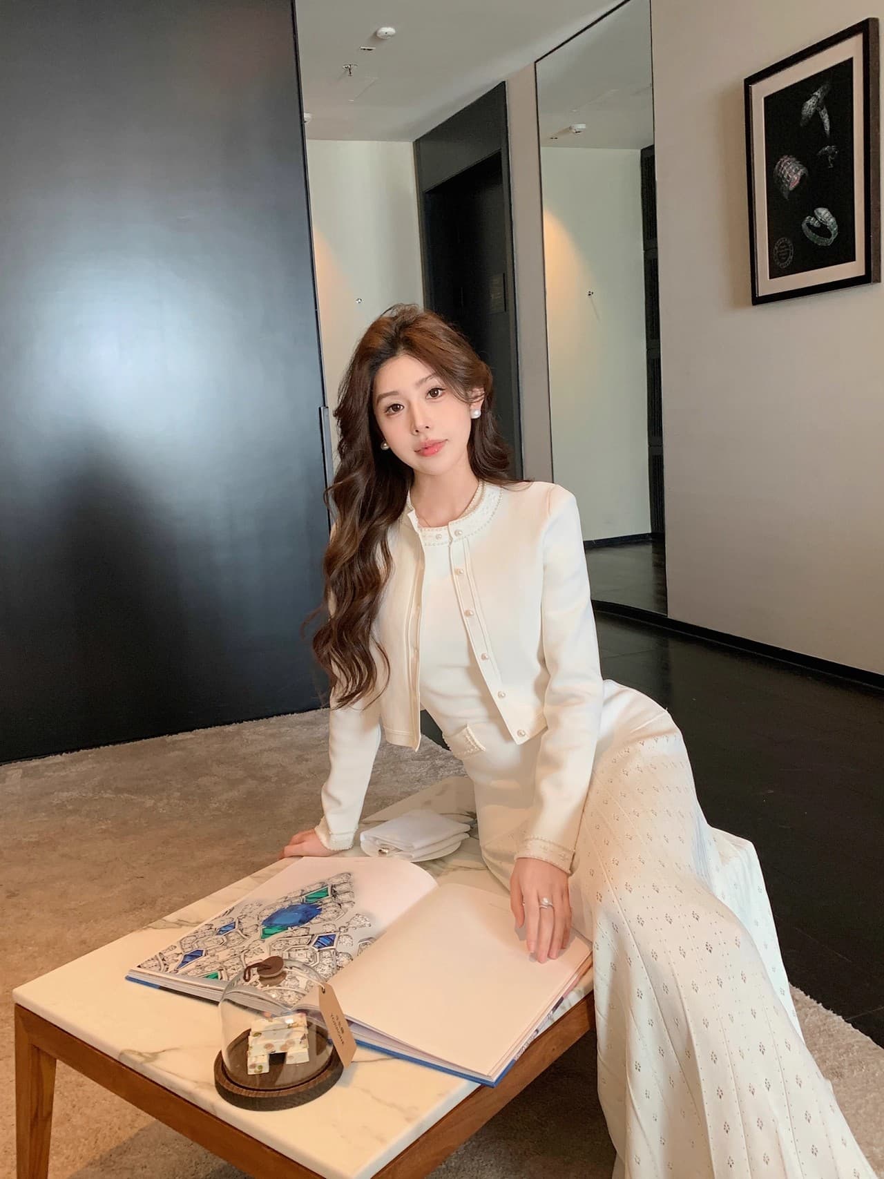 프랑스식 우아함 낭만주의 제인 비즈 장식 측면 니트 재킷 중간 길이 니트 투피스 드레스 패션 세트 상세 이미지 21