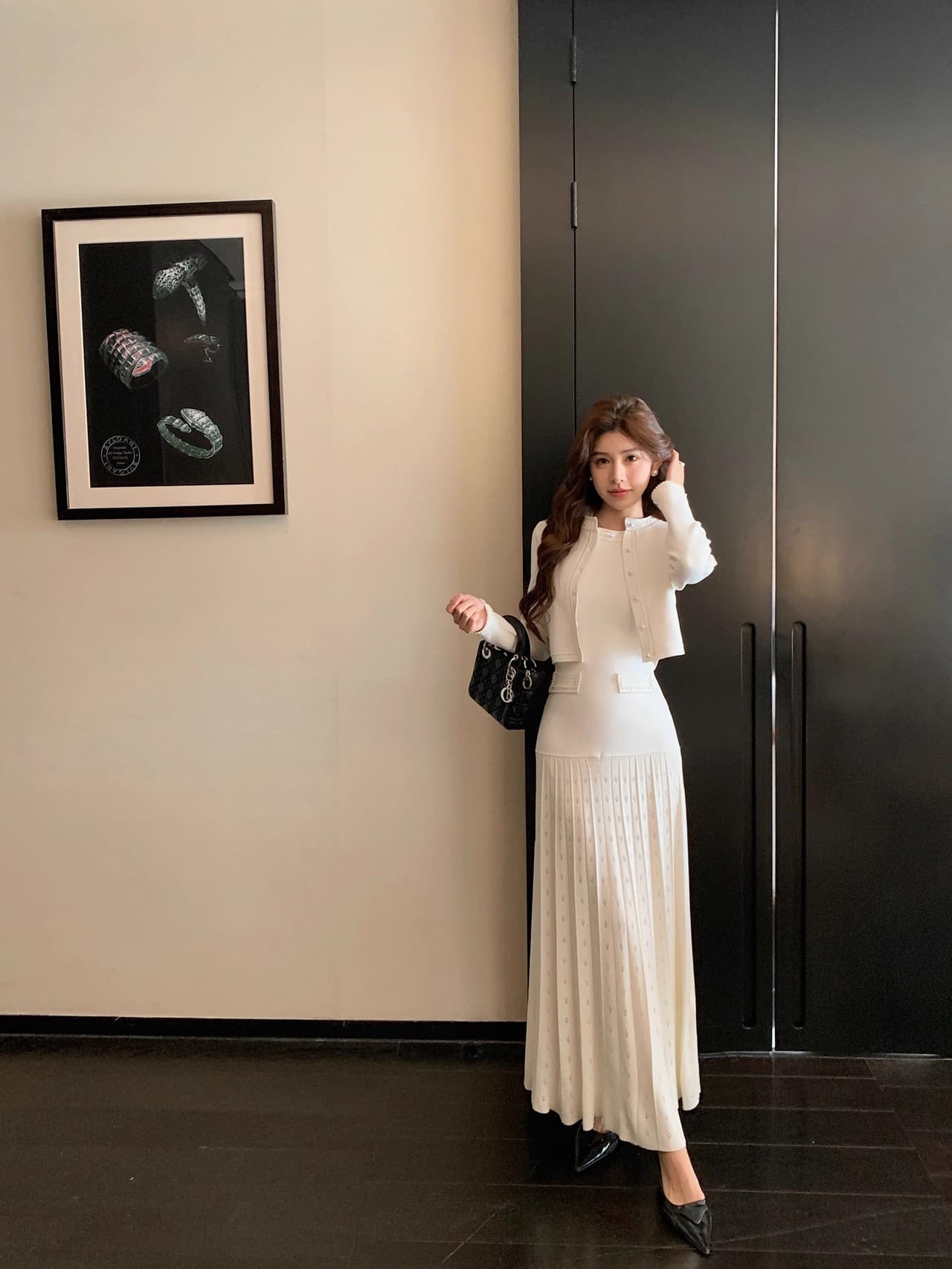 프랑스식 우아함 낭만주의 제인 비즈 장식 측면 니트 재킷 중간 길이 니트 투피스 드레스 패션 세트 상세 이미지 22