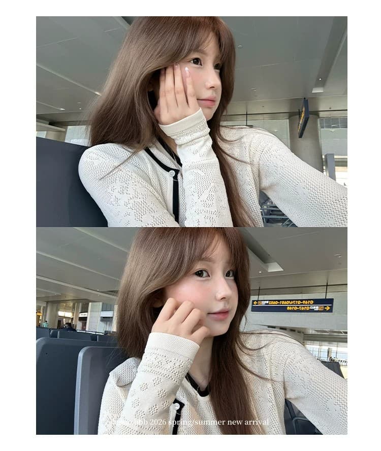 어둠 곡물 질감 전체 맞춤 홀로우 아웃 무늬 니트 세트 배색 민소매 조끼 오픈 가디건 반 스커트 3종 세트 상세 이미지 10