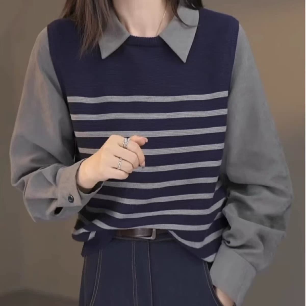 한국 스타일 루즈핏 여성 이른 가을 맨위 새로운 외국 가스 페이크 레이어드 패치워크 POLO 칼라 셔츠 고유 한 Chic 셔츠 이미지 3