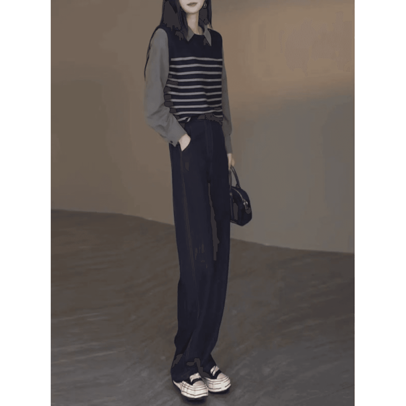 한국 스타일 루즈핏 여성 이른 가을 맨위 새로운 외국 가스 페이크 레이어드 패치워크 POLO 칼라 셔츠 고유 한 Chic 셔츠 이미지 5