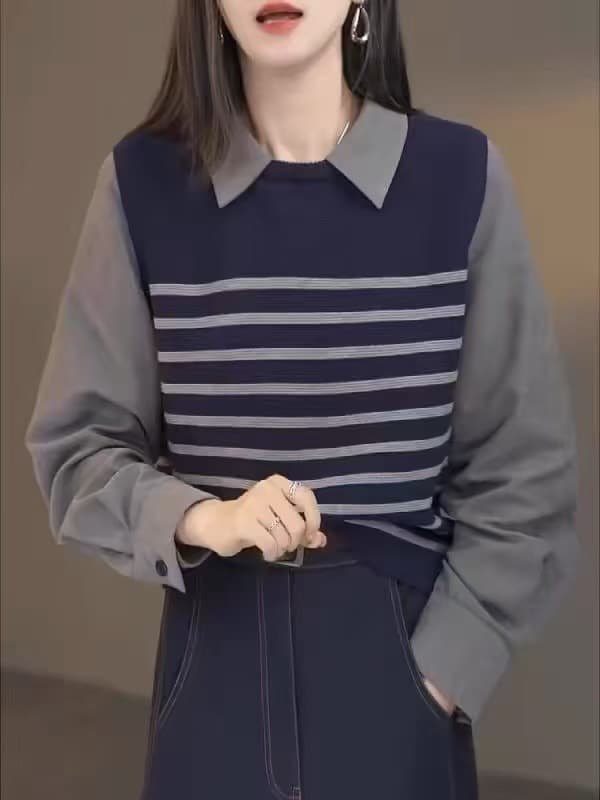 한국 스타일 루즈핏 여성 이른 가을 맨위 새로운 외국 가스 페이크 레이어드 패치워크 POLO 칼라 셔츠 고유 한 Chic 셔츠 상세 이미지 1