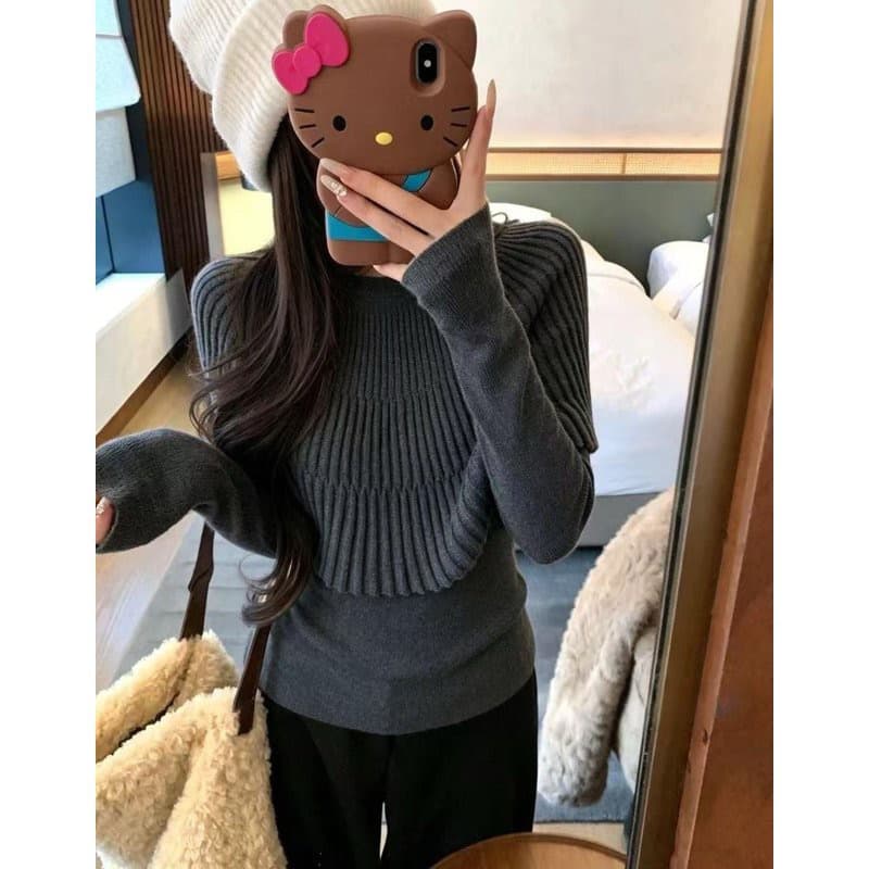 디자인 센스 프랑스식 레트로 라운드 넥 사실 두 조각 숄 니트 스웨터 가을 슬림해 보이는 프로 피부 켜기 이미지 2