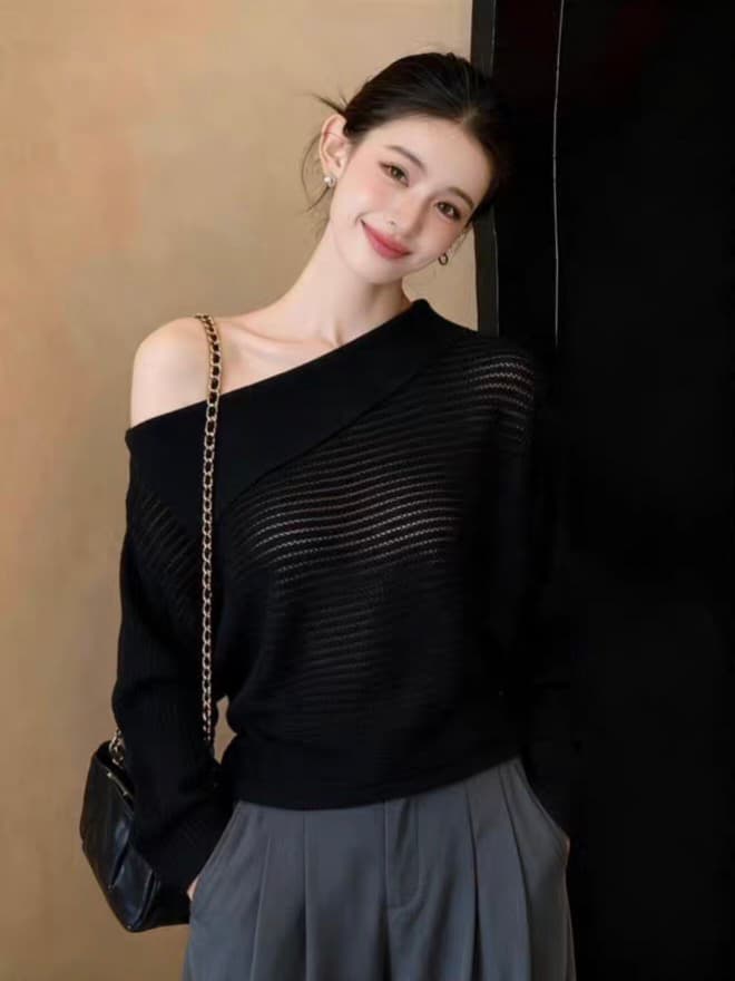 가을 새로운 오프숄더 폴로 칼라 긴팔 니트 스웨터 루즈핏 홀로우 아웃 슬림해 보이는 표지 고기 스웨터 이미지 2